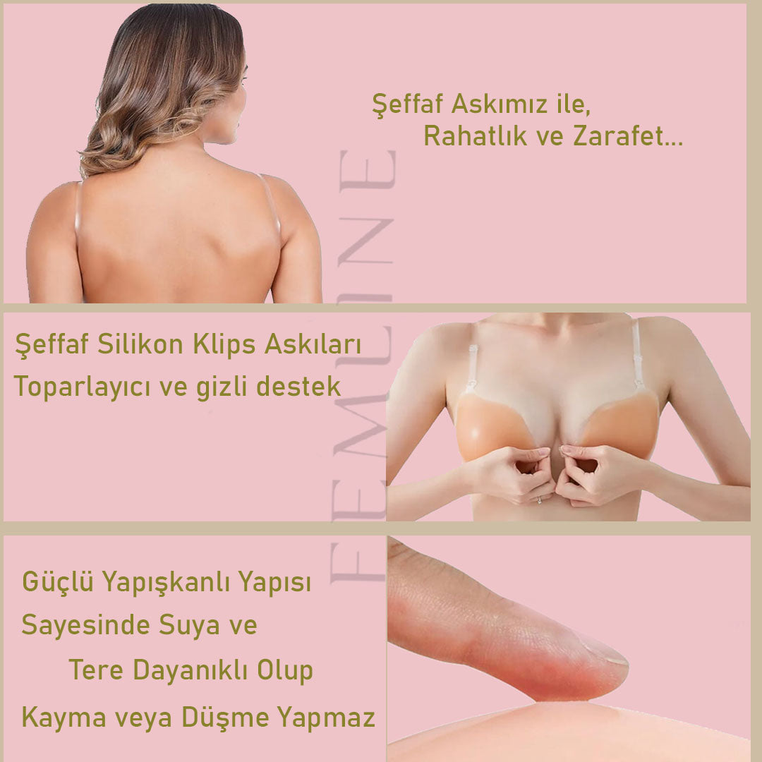 FM002 - Yapışkan Silikon Sütyen - Klipsli Şeffaf Askılı - Dikişsiz - Toparlayıcı - Kaldırıcı