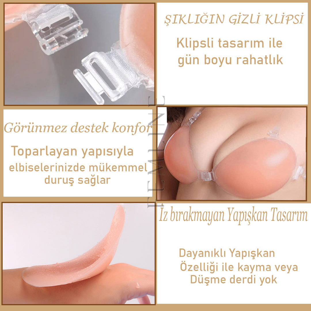 FM002 - Yapışkan Silikon Sütyen - Klipsli Şeffaf Askılı - Dikişsiz - Toparlayıcı - Kaldırıcı