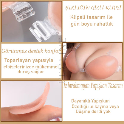 FM002 - Yapışkan Silikon Sütyen - Klipsli Şeffaf Askılı - Dikişsiz - Toparlayıcı - Kaldırıcı